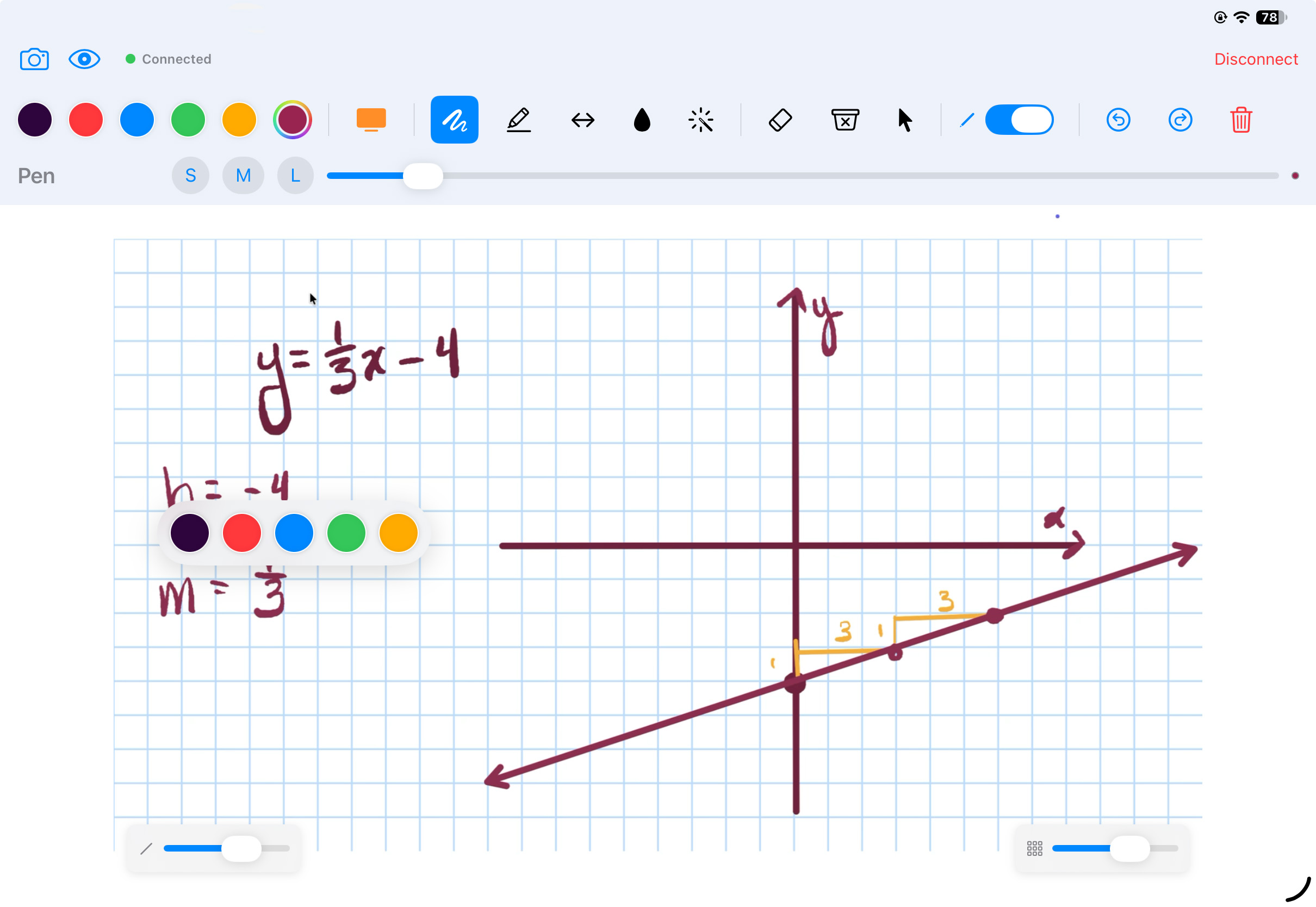 Scrivix Remote on iPad showing drawing controls and the matching graph-paper lesson
