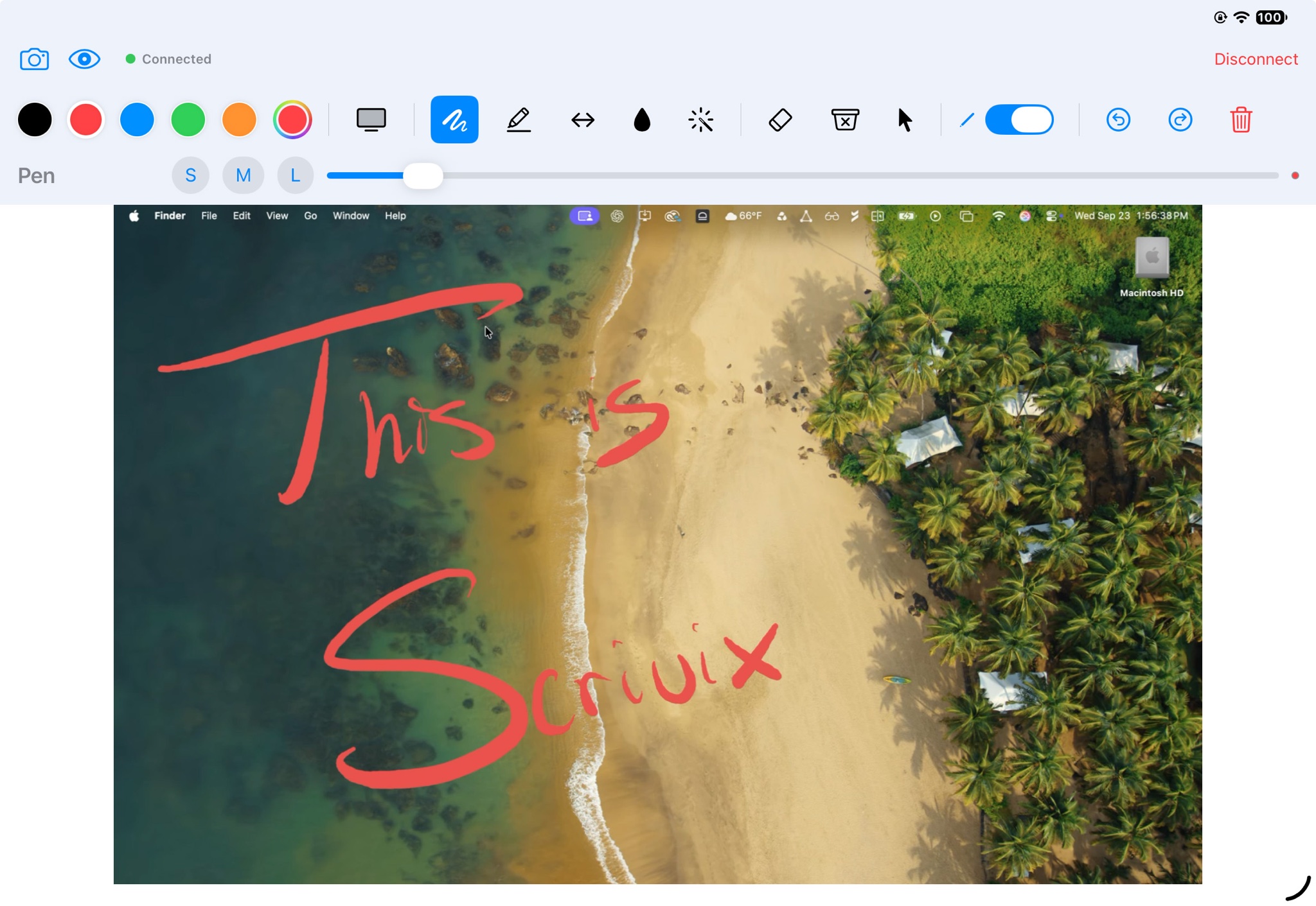 Scrivix Remote on iPad, showing drawing tools and red handwriting over a live Mac screen