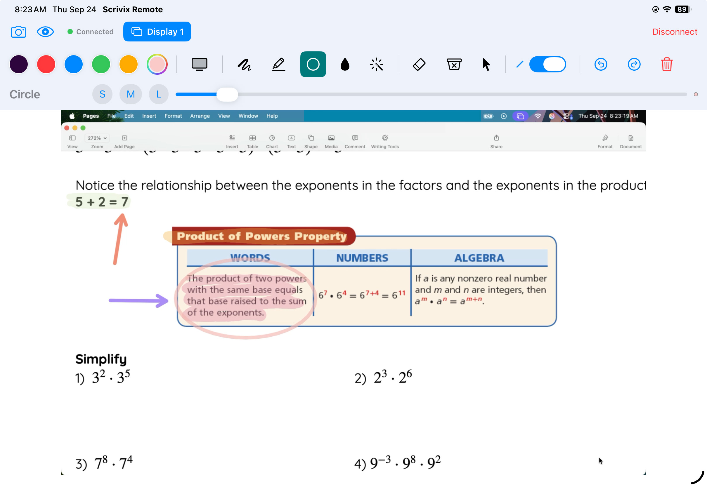 The same annotated math lesson on iPad with the Scrivix Circle tool selected