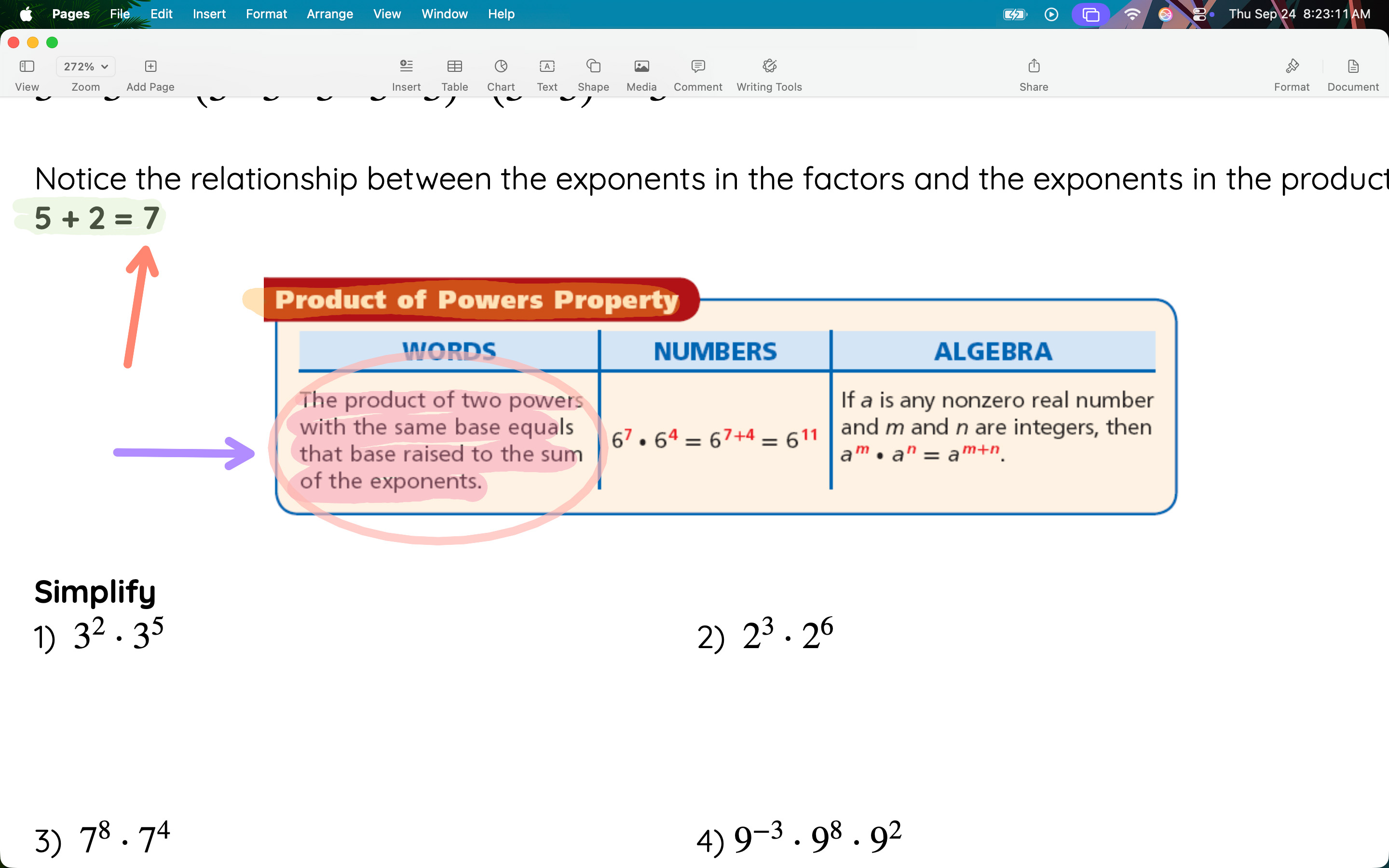 A math lesson on a Mac with the product of powers rule circled and arrows pointing to key details