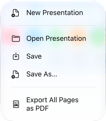 Scrivix presentation menu with options to create, open, save, save as, and export all pages as a PDF
